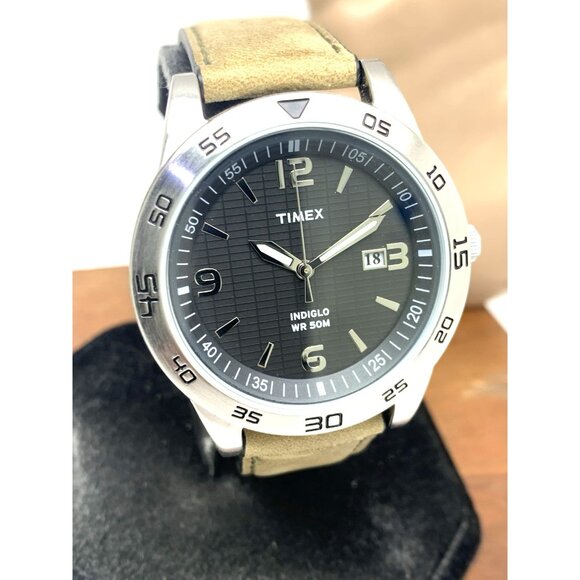 Timex Men's Watch T2N697 Quartz Indiglo Black Dial Leather Band 42mm - Picture 14 of 15